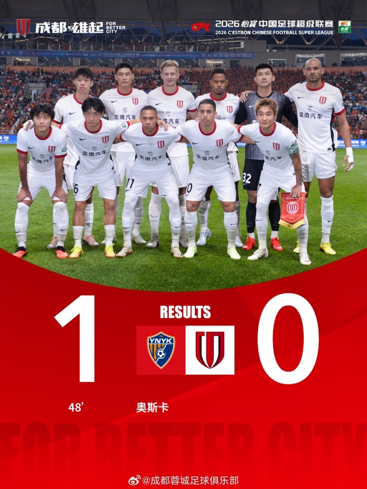 成都蓉城客场0-1不敌云南玉昆 韦林顿·席尔瓦进球越位无效